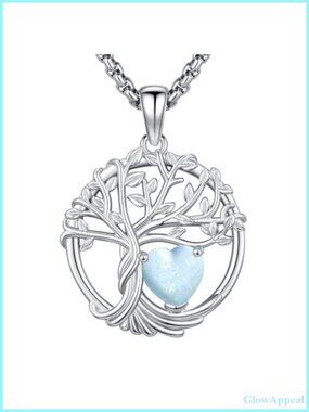 Tree of Life Heart White Opal Birthstone Pendant Necklace Sterling Silver Plated